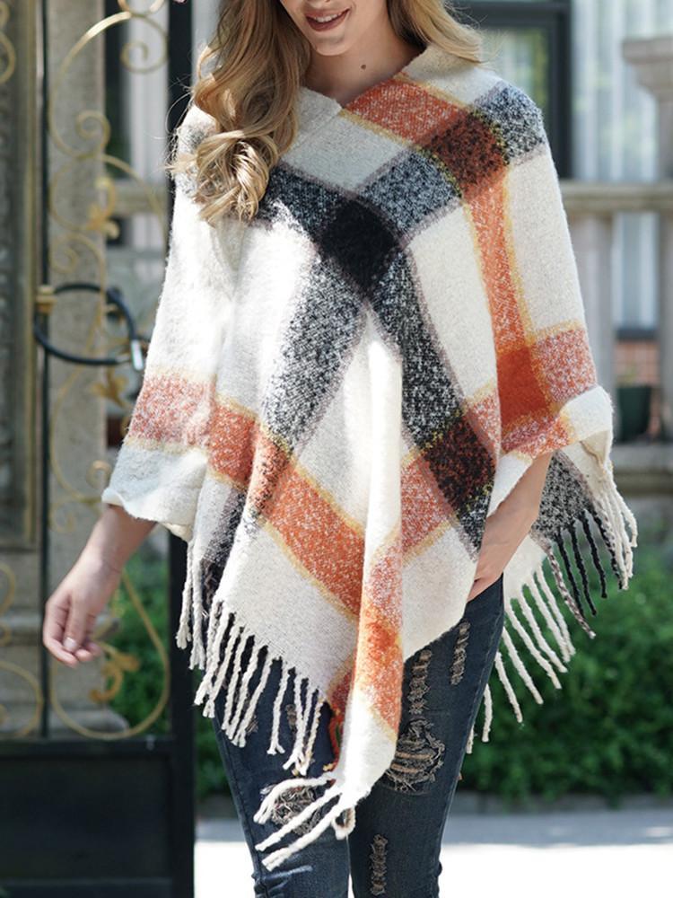 Fringe Hem Shawl Plaid Coat