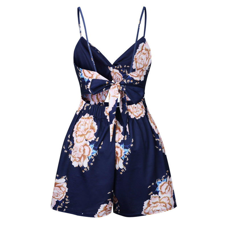 Floral Straps Backless Mini Jumpsuit