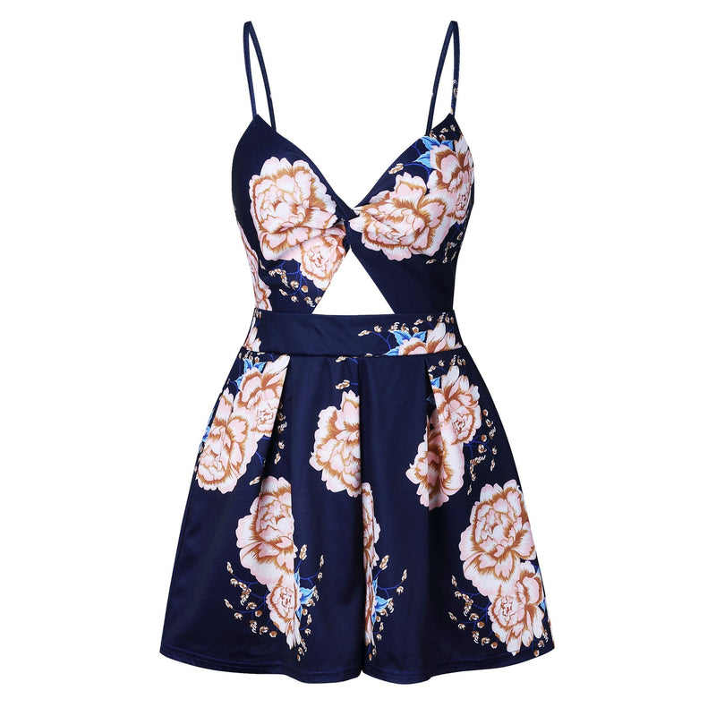 Floral Straps Backless Mini Jumpsuit