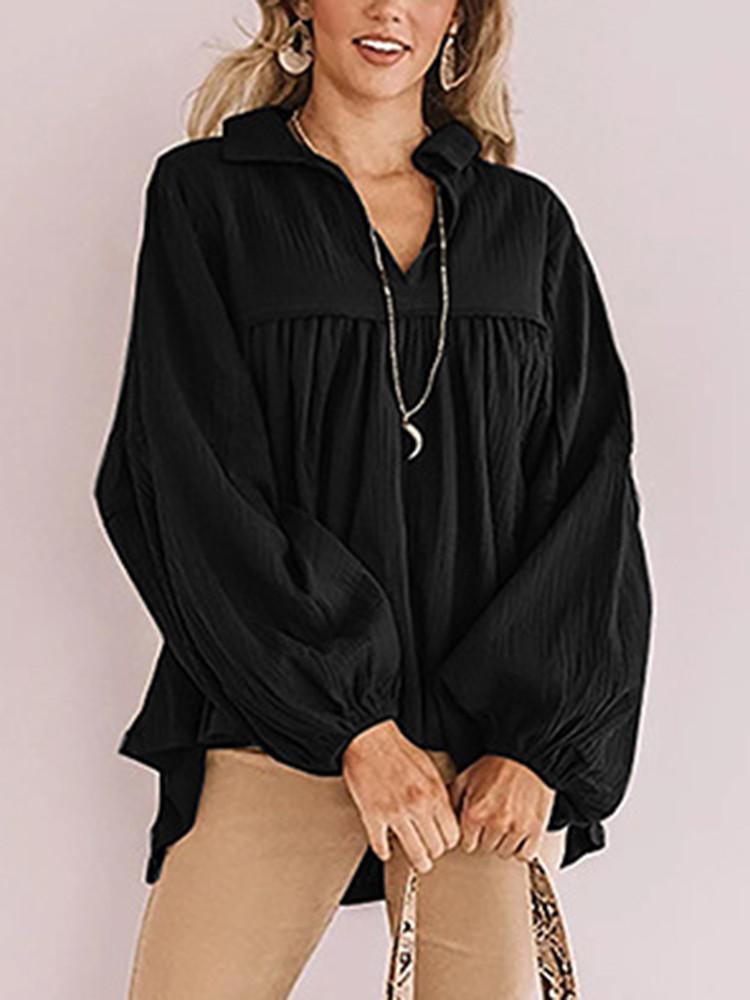 Lapel  V-neck Lantern Sleeve Pleated Blouse