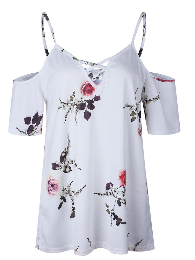 Cold Shoulder Straps Short Sleeves Floral T-shirt Top - Landing Closet