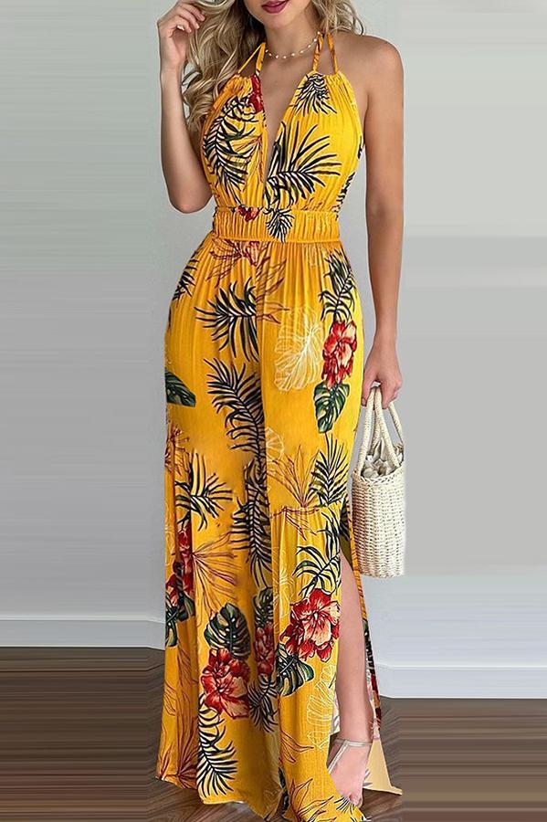 Carneros Floral Print Halter Wide Leg Jumpsuit