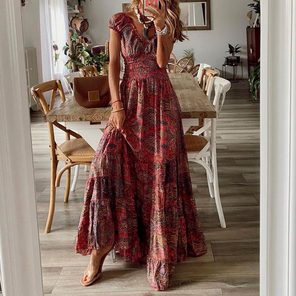 Vintage Print Short Sleeve Maxi Dress