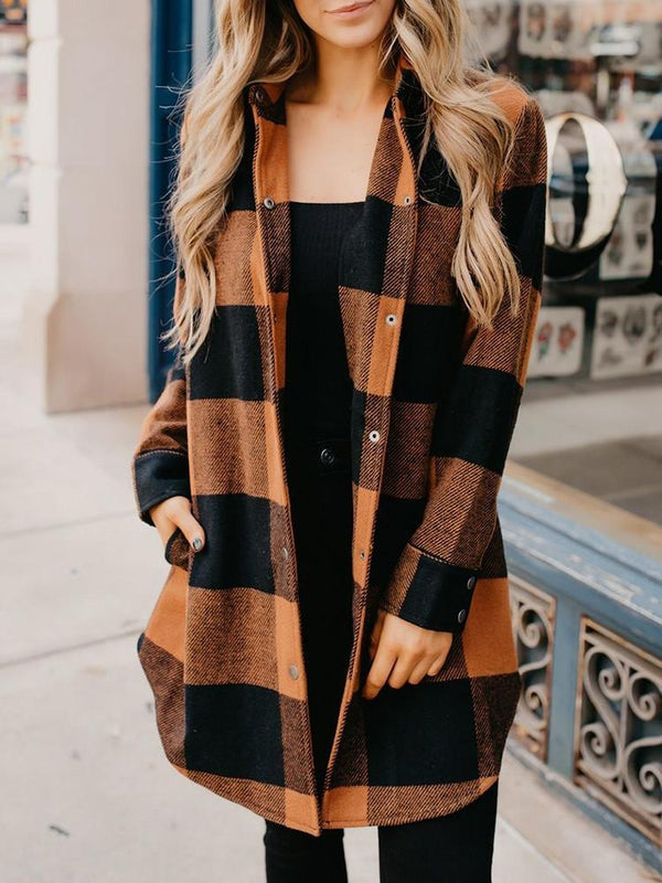 Plaid Pocket Snap Button Coat