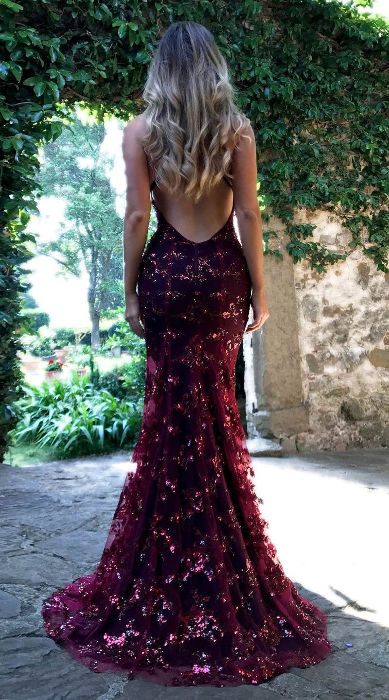 Backless Sequin Embellished Maxi Prom Evening Dress