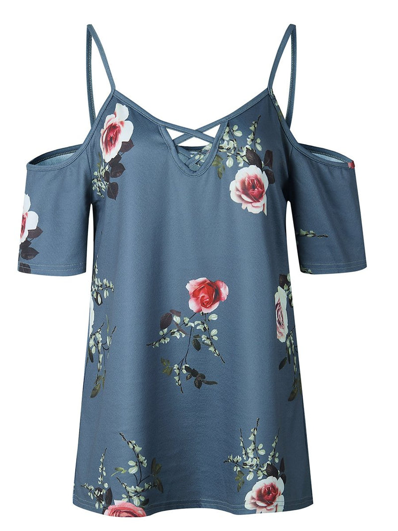 Cold Shoulder Straps Short Sleeves Floral T-shirt Top - Landing Closet