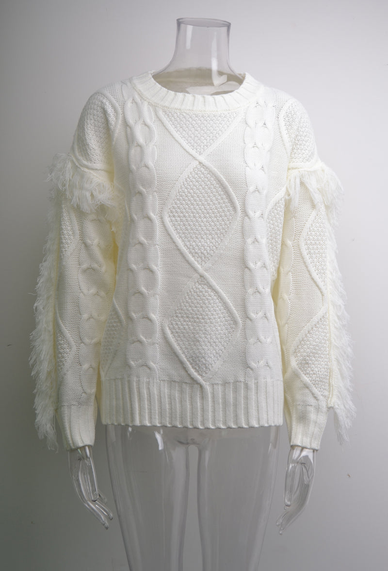 Round Neck Long Sleeve Cable Knit Design Sweater