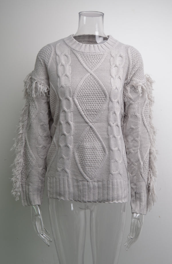 Round Neck Long Sleeve Cable Knit Design Sweater