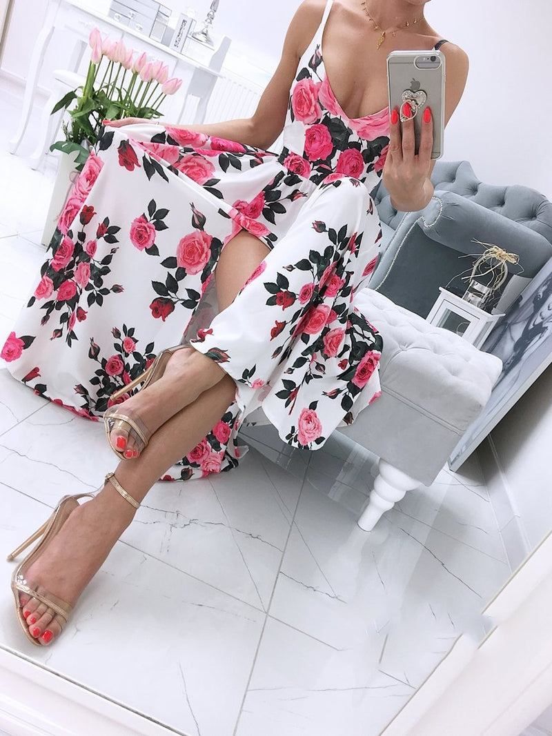 Spaghetti Strap Sleeveless Floral Side Split Maxi Dress