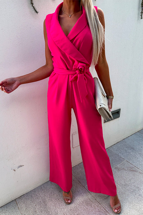 Lapel Sleeveless Tie Waist Solid Wide Leg Jumpsuit