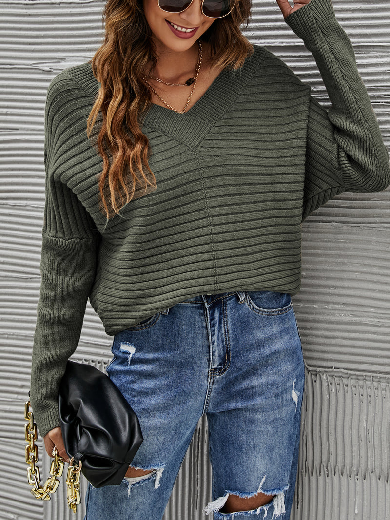 V Neck Casual Waffle Sweater