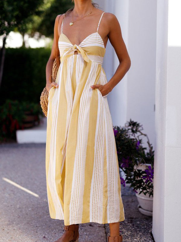 V-neck Stripes Backless Shoulder Straps Jumpsuit