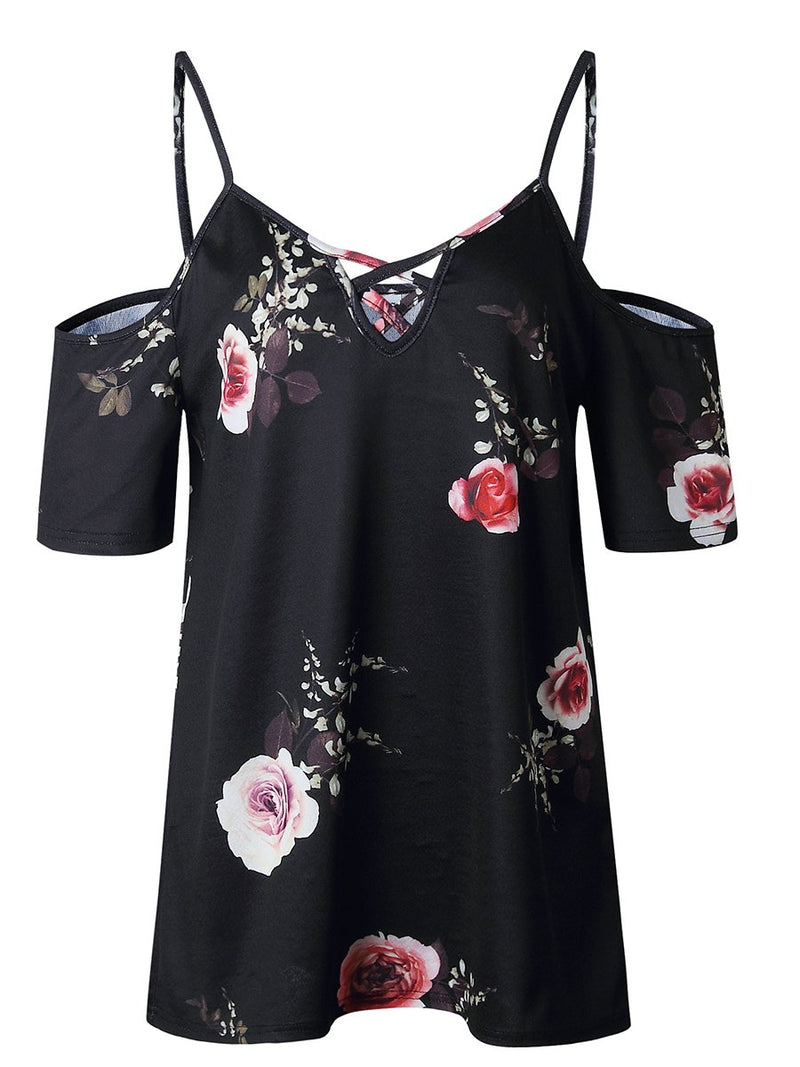 Cold Shoulder Straps Short Sleeves Floral T-shirt Top - Landing Closet