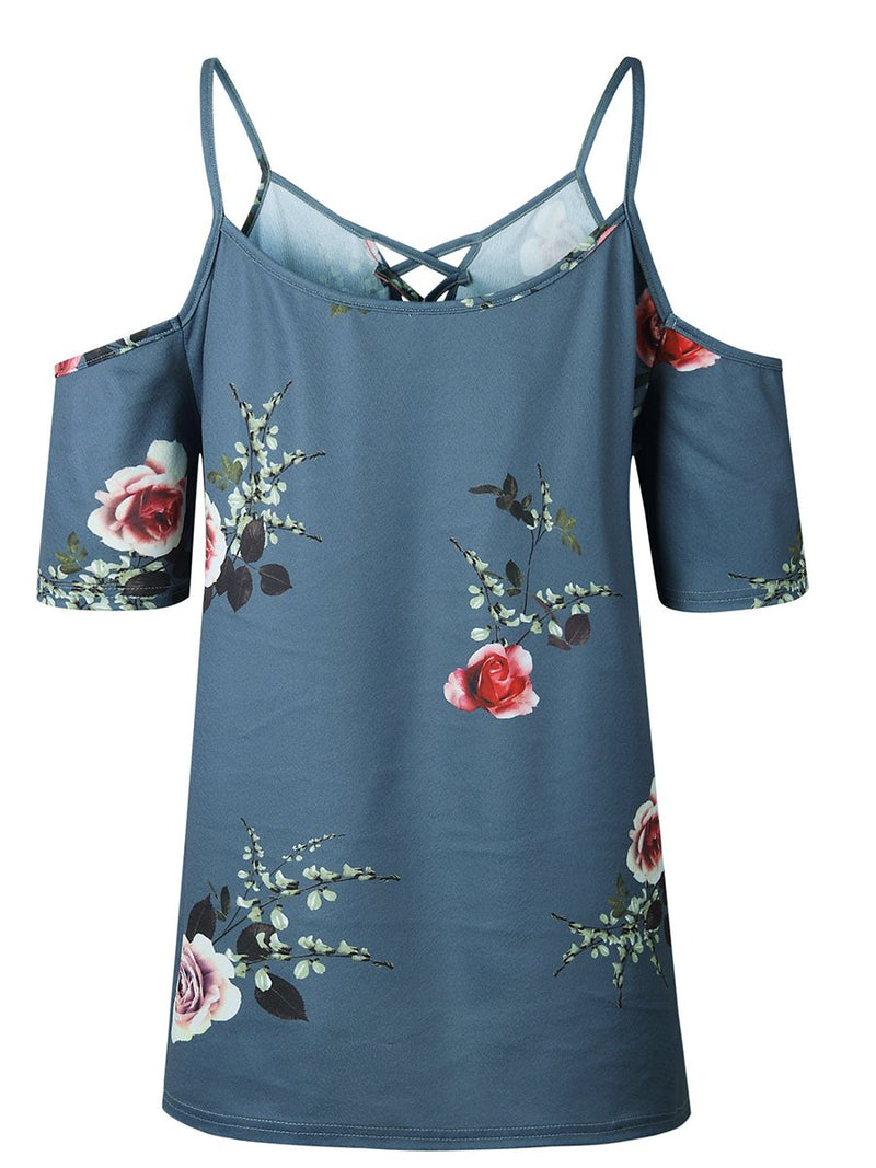 Cold Shoulder Straps Short Sleeves Floral T-shirt Top - Landing Closet