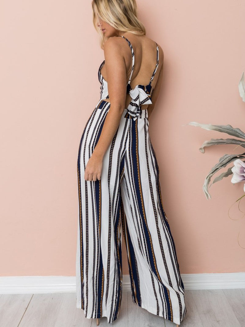 Straps Deep V-neck Backless Stripes Floral Loose Jumpsuit