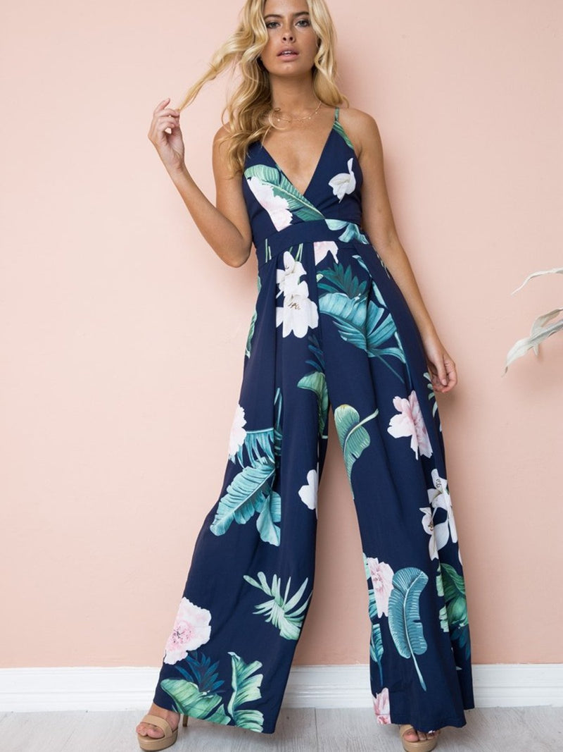 Straps Deep V-neck Backless Stripes Floral Loose Jumpsuit