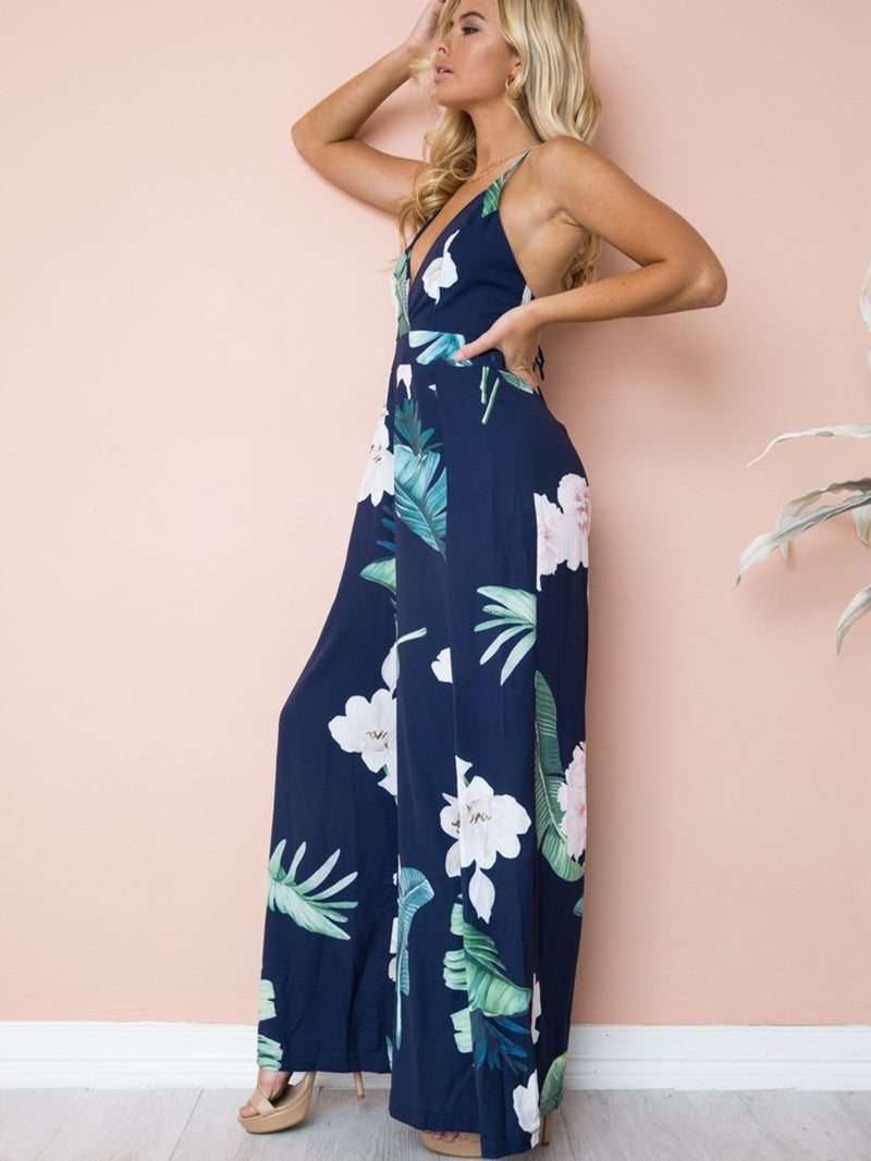 Straps Deep V-neck Backless Stripes Floral Loose Jumpsuit