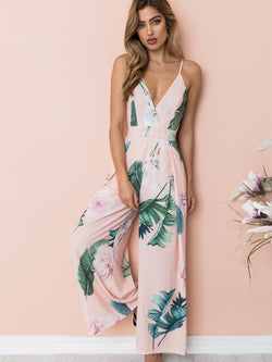 Straps Deep V-neck Backless Stripes Floral Loose Jumpsuit