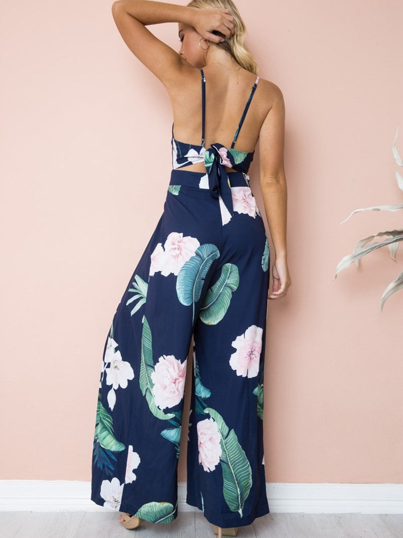 Straps Deep V-neck Backless Stripes Floral Loose Jumpsuit