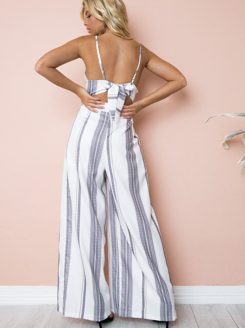 Straps Deep V-neck Backless Stripes Floral Loose Jumpsuit