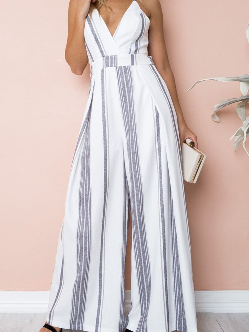 Straps Deep V-neck Backless Stripes Floral Loose Jumpsuit