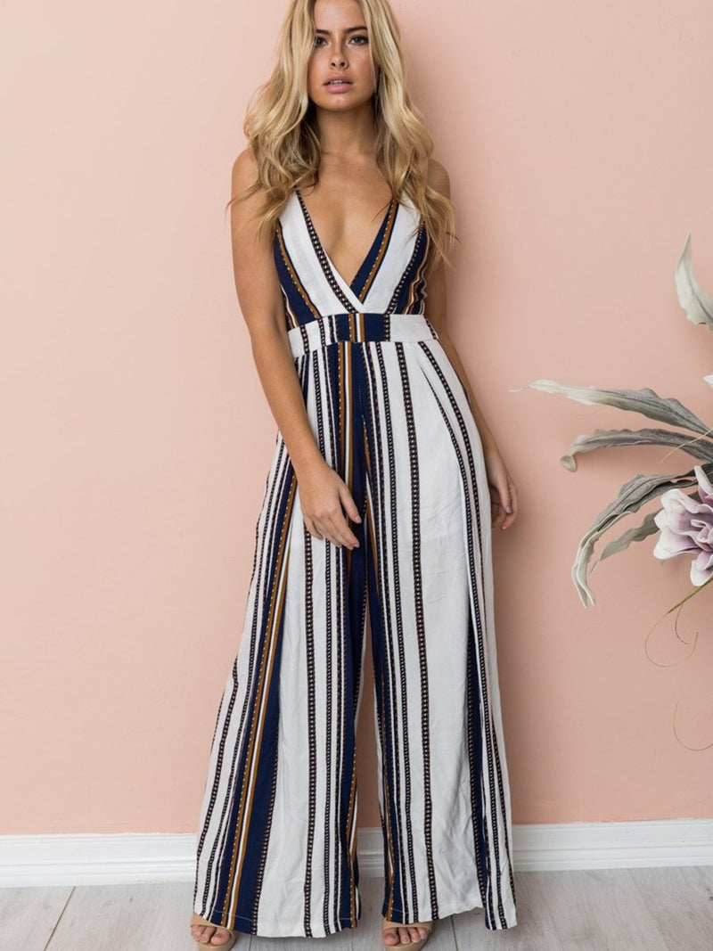 Straps Deep V-neck Backless Stripes Floral Loose Jumpsuit