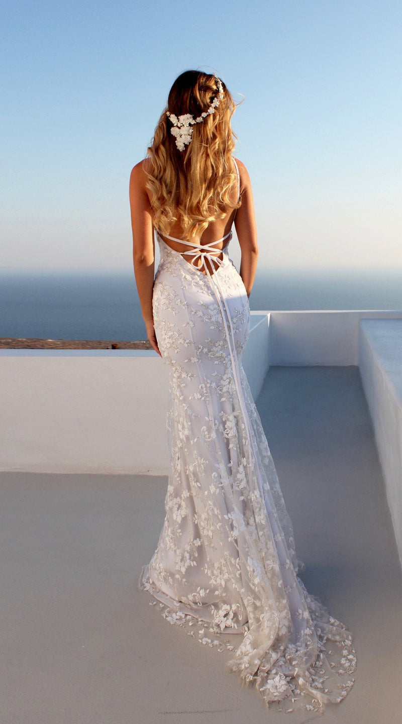 Spaghetti Strap V Neck Chiffon Lace Wedding Maxi Dress