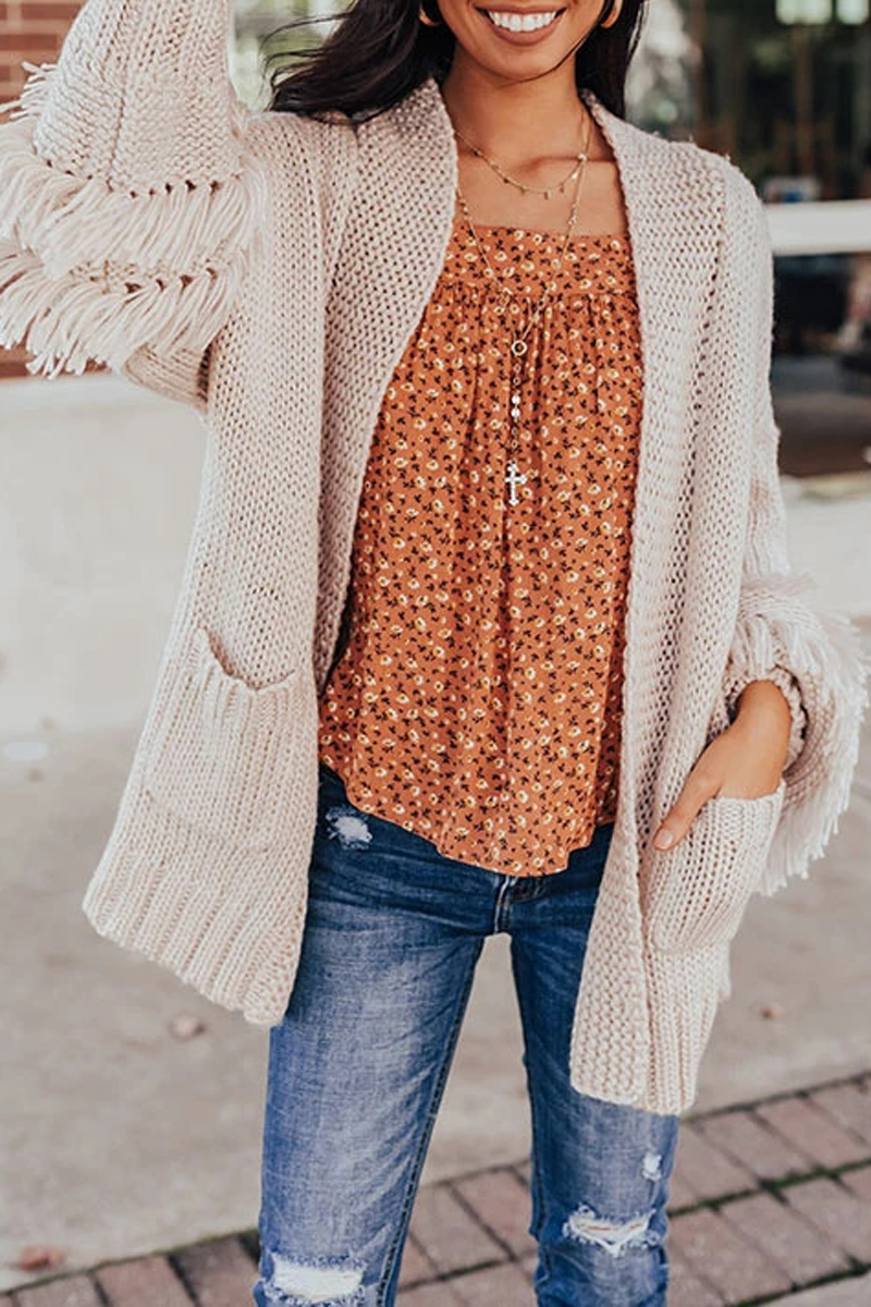 Solid Double Pockets Tassel Cardigan