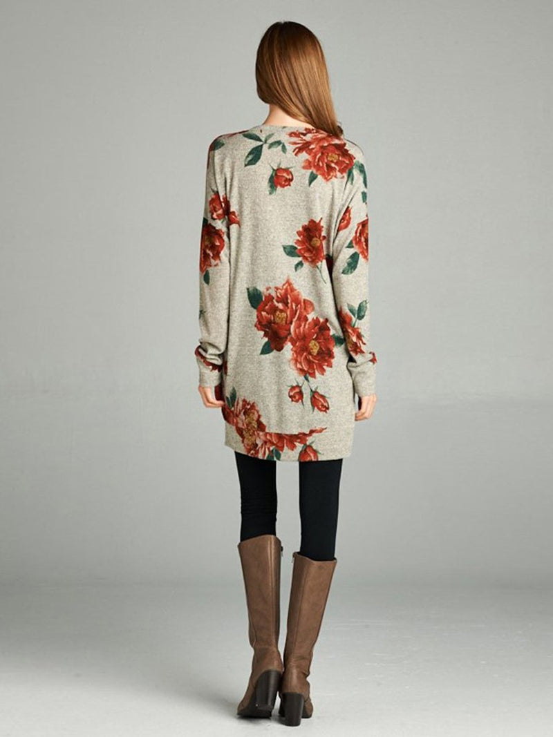 Floral Printed V-neck Long Sleeves Side Slit Pullover Top