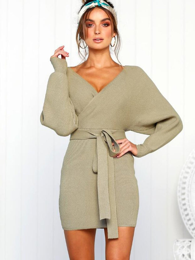 V-neck Knit Waist Belt Long Sleeves Sweater Dress