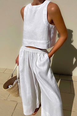 Solid Crewneck Crop Tank Top Elastic Waist Wide Leg Pants Set