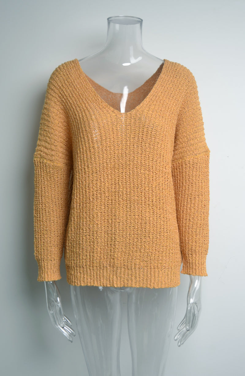 Solid Color V Neck Pullover Sweater