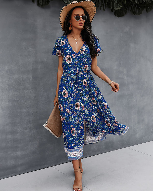 Side Split V Neck Floral Short Sleeve Maxi Dress