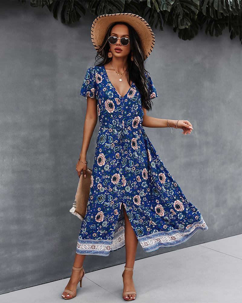 Side Split V Neck Floral Short Sleeve Maxi Dress