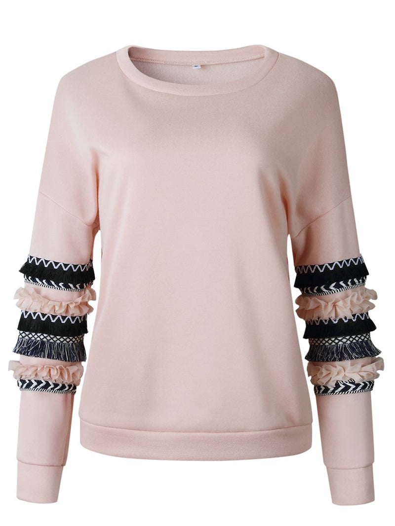 Stitching Printed Long Sleeves Crew-neck Pullover