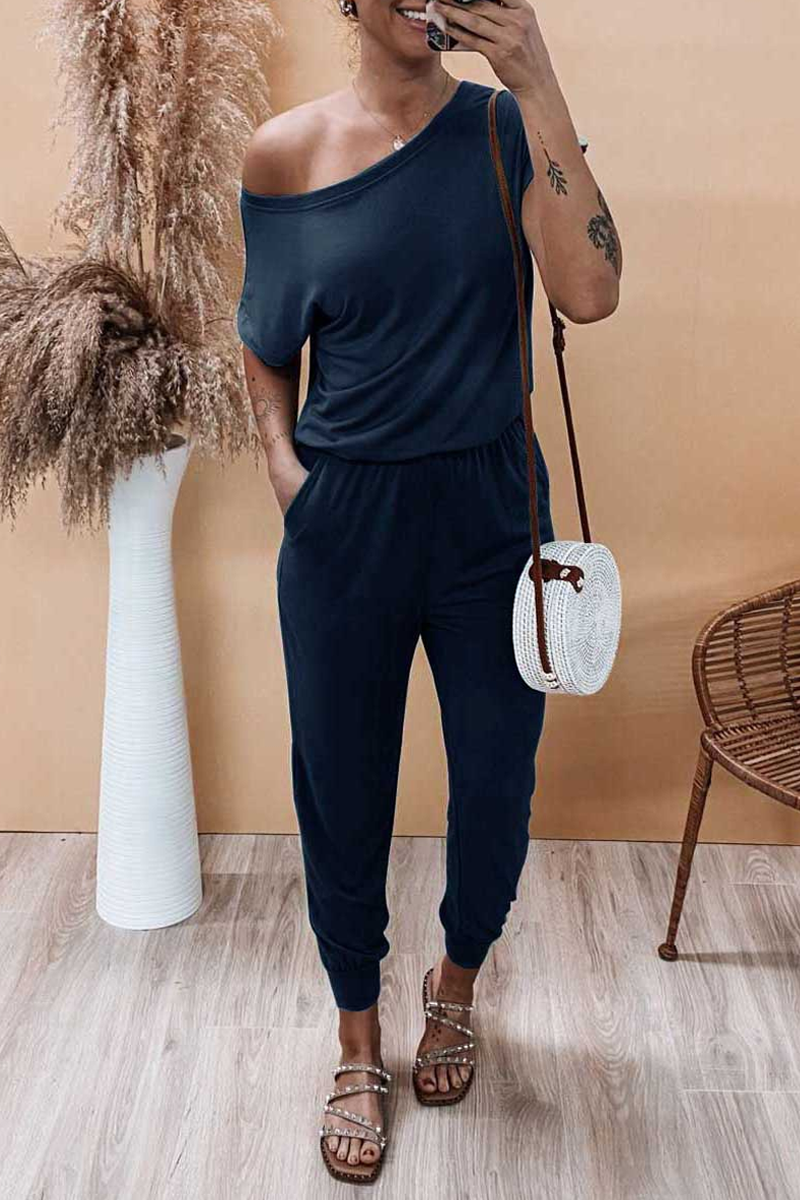 Solid Color Short Sleeve Pocket One Piece Jumpsuit