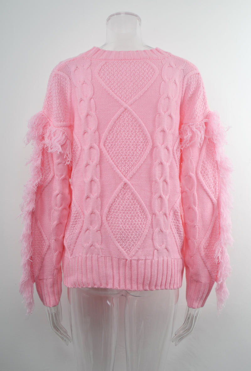 Round Neck Long Sleeve Cable Knit Design Sweater