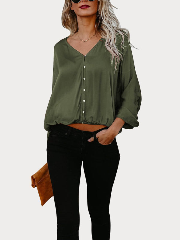 Green Button Down V Neck Casual Blouse - Landing Closet