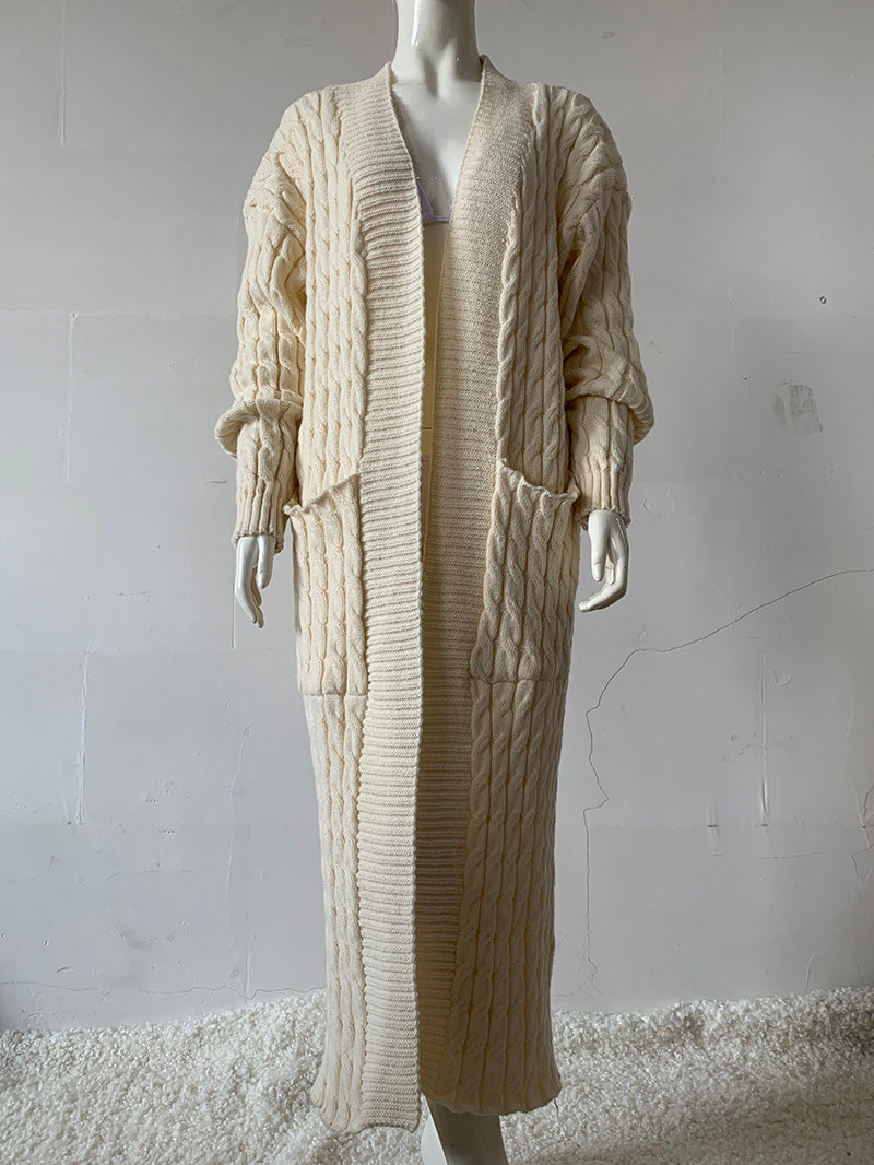 Open Front Pocketed Knitted Maxi Cardigan Sweater