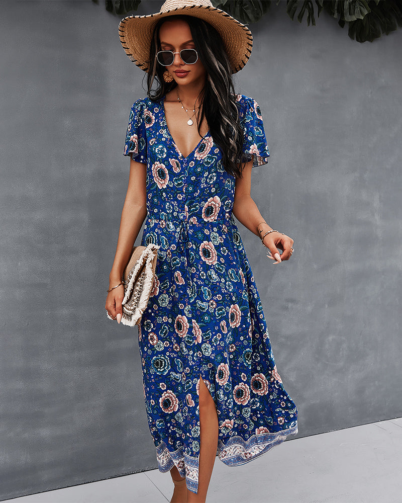 Side Split V Neck Floral Short Sleeve Maxi Dress