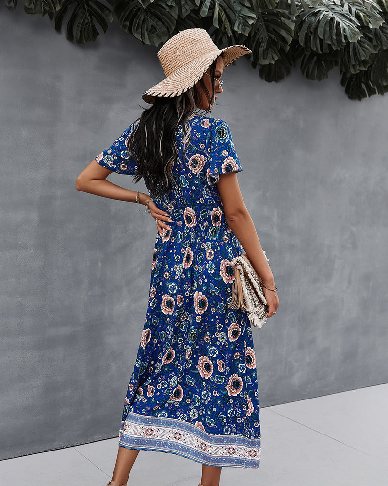 Side Split V Neck Floral Short Sleeve Maxi Dress