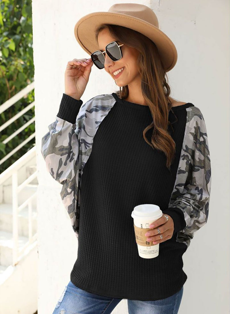 Camouflage Leopard Off Shoulder Batwing Sleeve Shirt