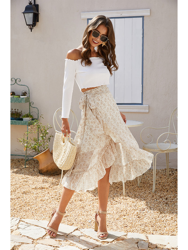 Floral Print Wrap Ruffle  High Waist Flowy Midi Skirt with Slit