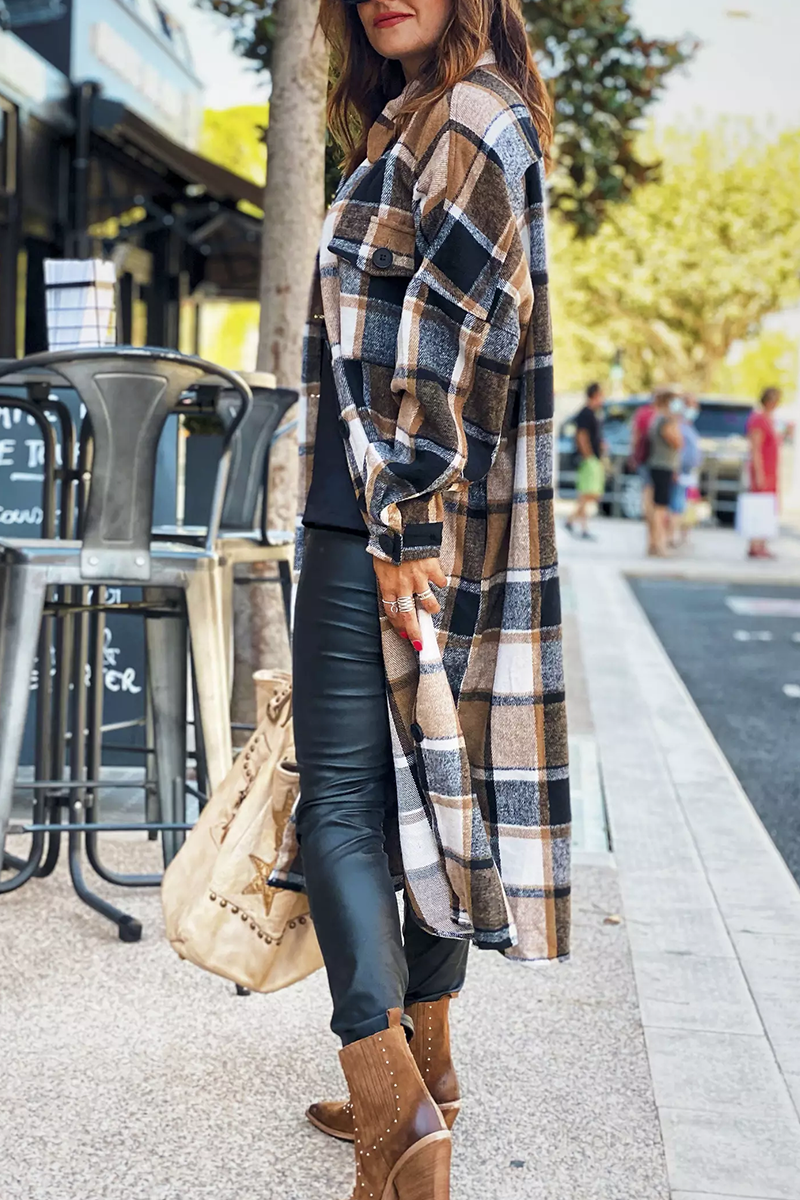 Lapel Plaid Print Woolen Long Coat