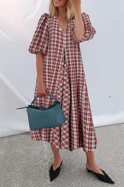 V Neck Lantern Sleeve Plaid Swing Midi Dress