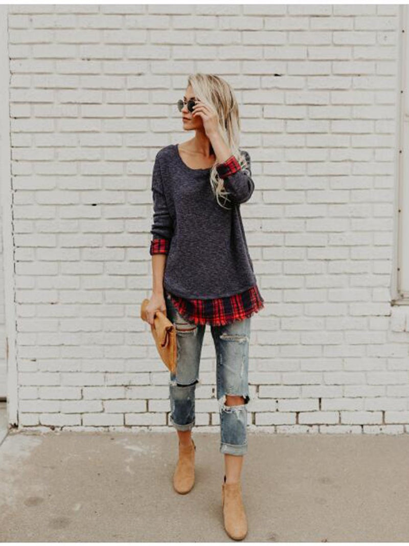 Stitching Plaid Round Neck Long Sleeves T-shirt