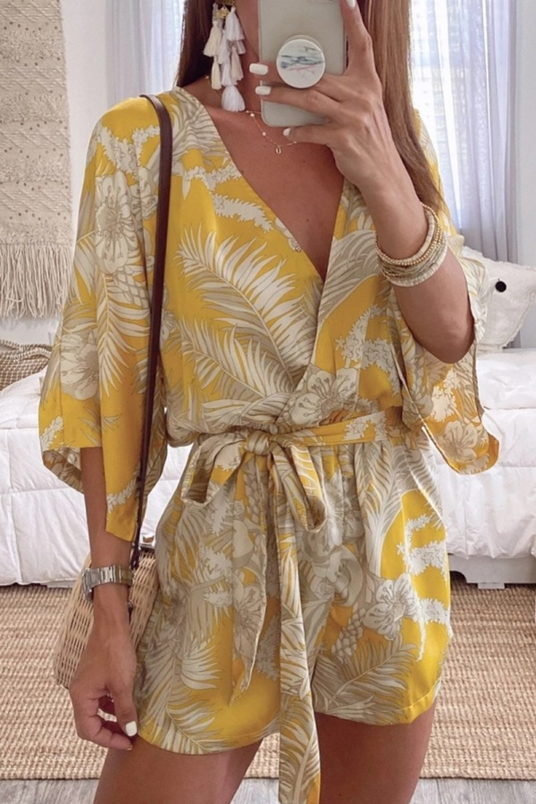 V-neck Tie Leaf Print Casual Jumpsuit