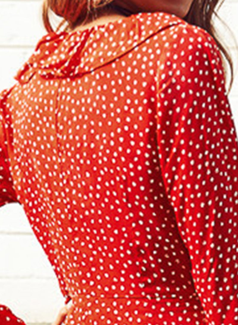 V Neck Polka Dot Ruffle Dress