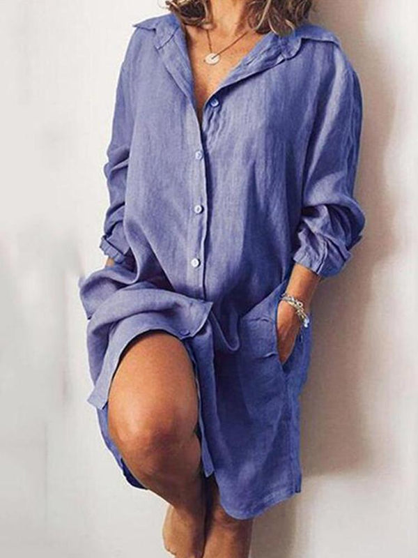 Solid Loose Pocket Button Shirt Dress