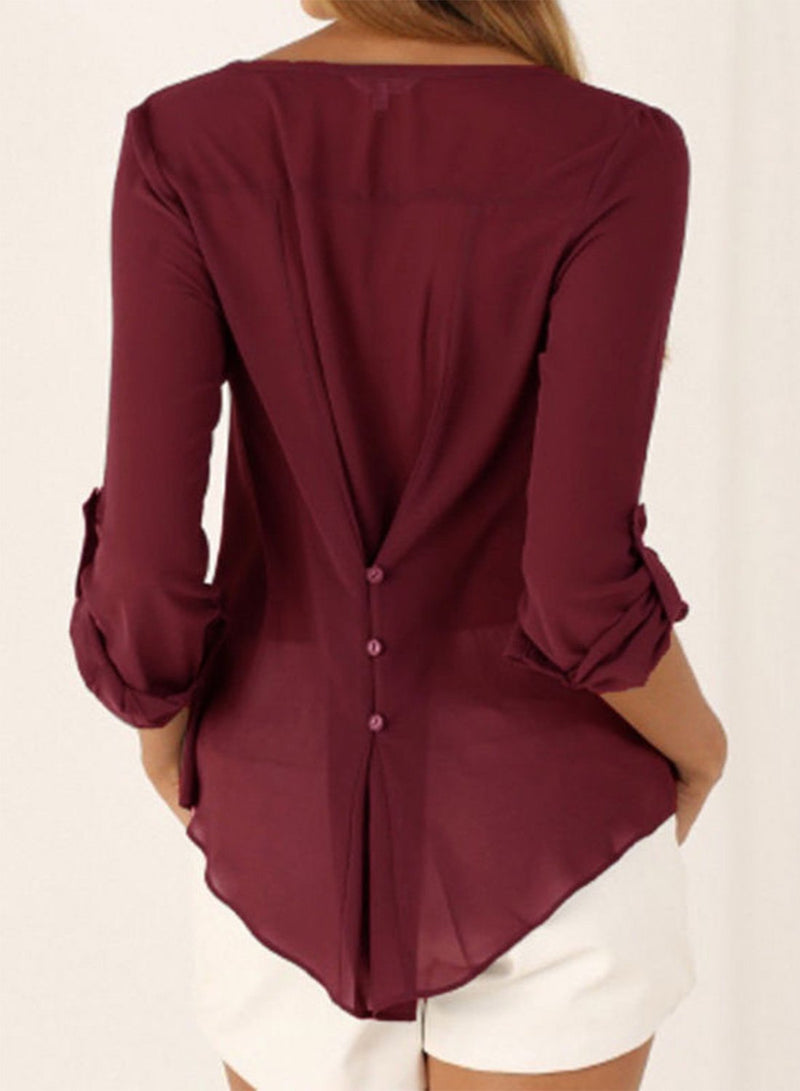 V Neck Long Sleeve Solid Irregular Blouse